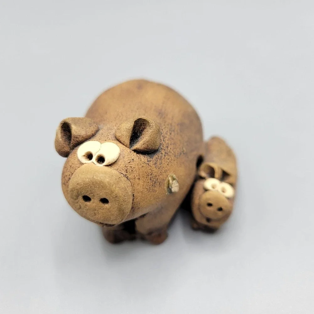 Vintage Handcrafted Clay Pig And Piglet Figurine By Clay Companions 1.5